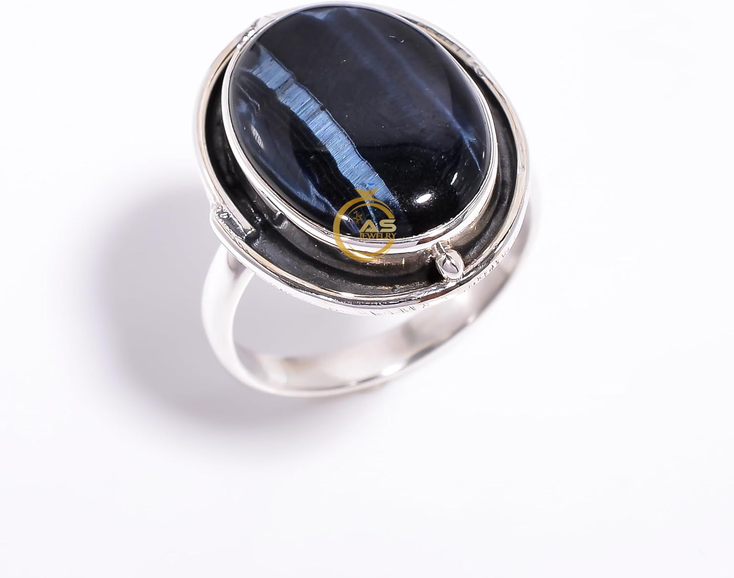 Natural Dark Blue Tiger Eye Gemstone Ring Solid 925 Sterling Silver Handmade Statement Promise Ring, Blue Color Stone Rings For Women Tiger Eye Ring