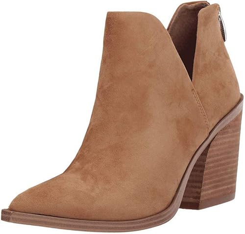 FISACE - Botas con extremo puntiagudo, tacón medio y grueso, botines con corte en V y cierre de zíper trasero, de piel sintética, para mujer