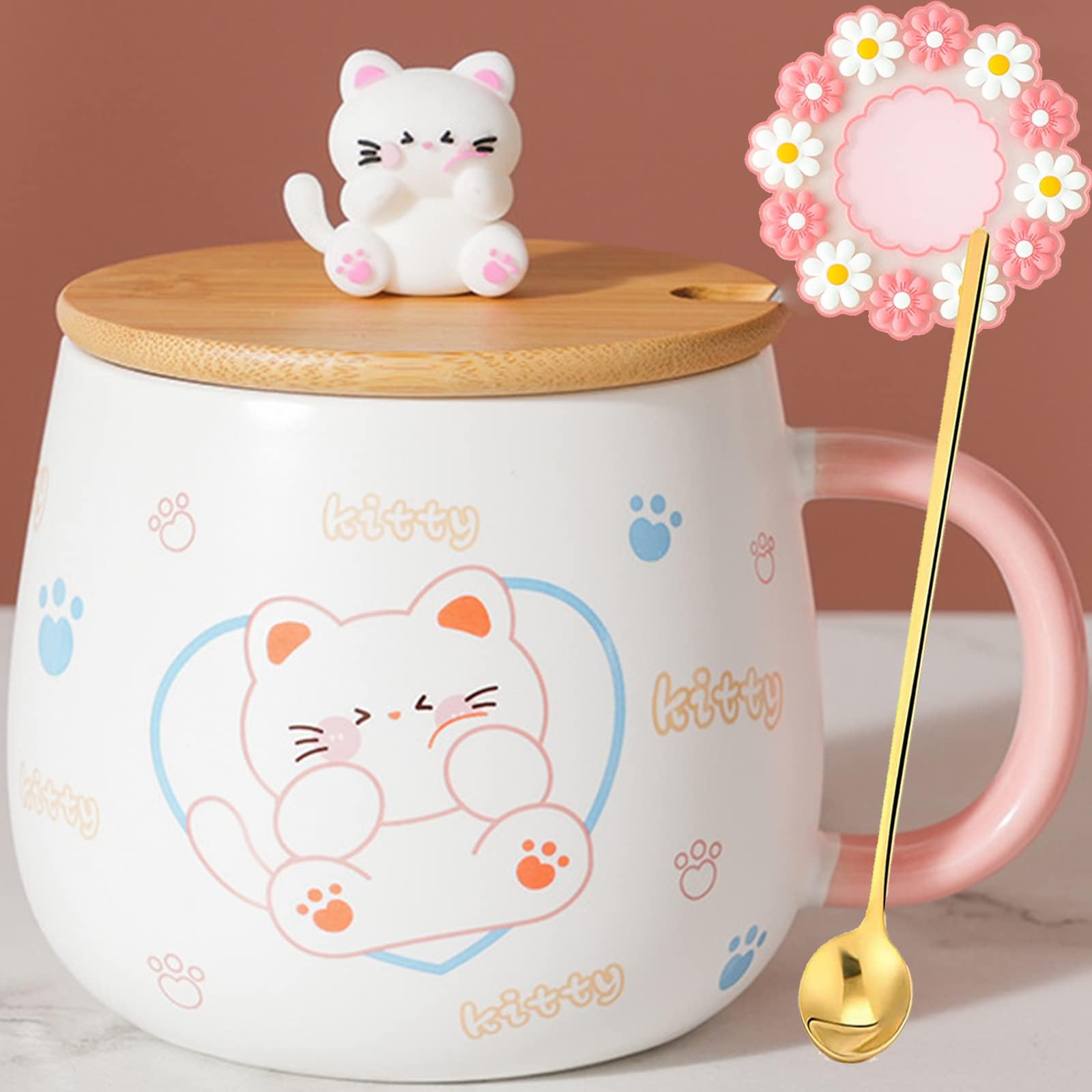 Cute Tea Cup Kitty Ceramic with Lid and Spoon