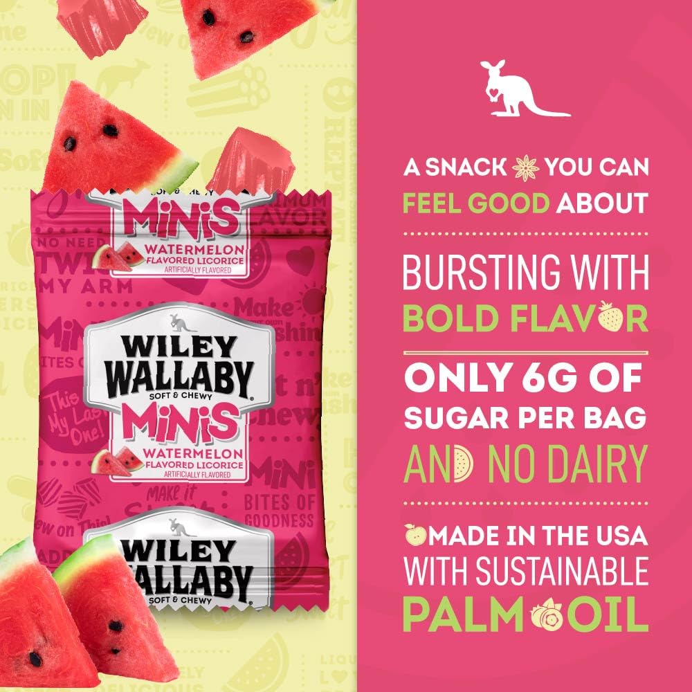 Wiley Wallaby Mini Licorice Bites 0.5 Ounce Classic Gourmet Soft & Chewy Australian Watermelon Licorice Candy Bags, 80 Pack