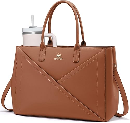 LOVEVOOK Bolsa de mano para laptop para mujer con soporte para tazas grande, bolsa de trabajo de piel sintética de 15.6 pulgadas, bolsa de mano para