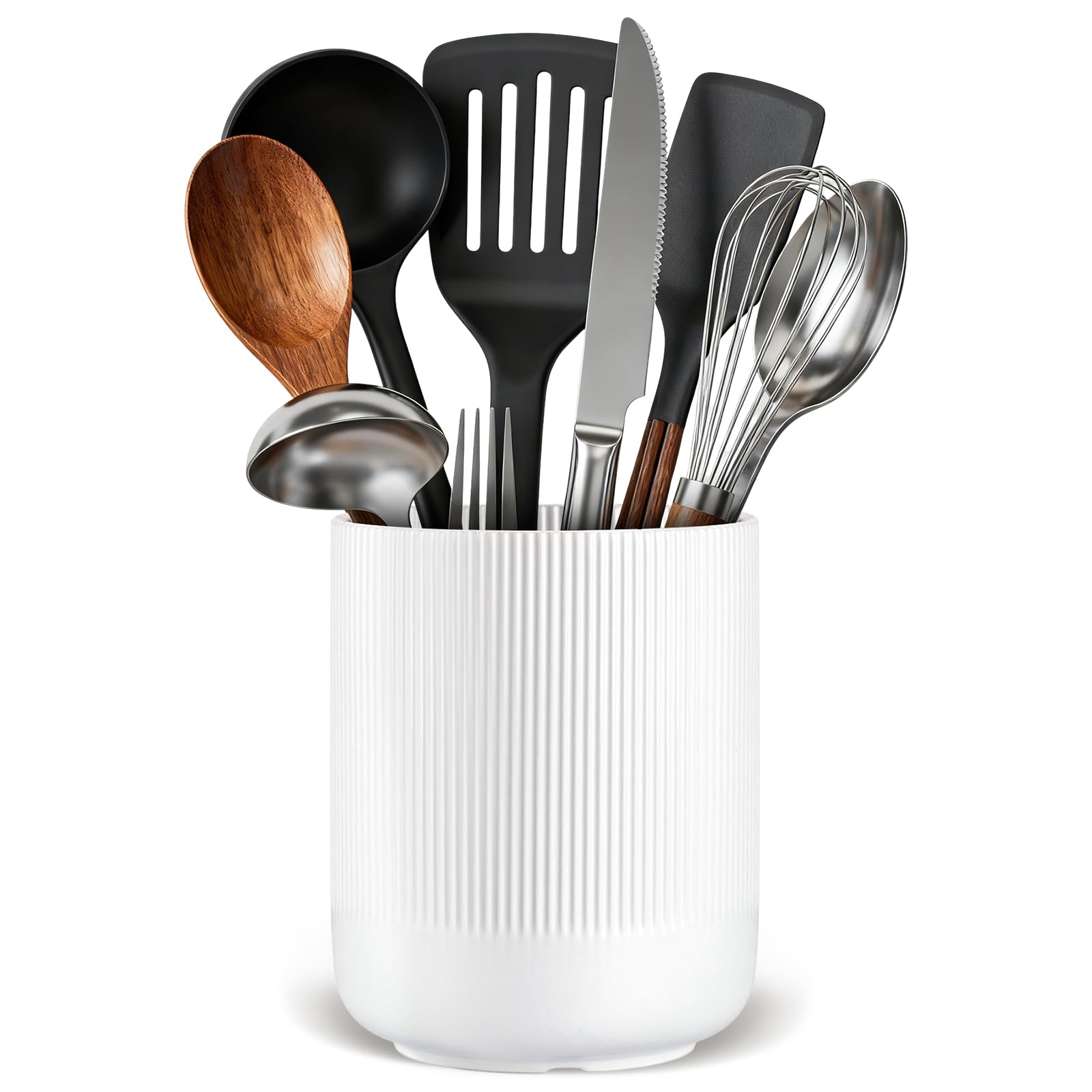 Ptrin Utensil Holder, H18.6xD15cm Ceramic Kitchen Utensils Holder, Large Cooking Utensil Pots for Kitchen Counter, Morden Utensil Organizer for Spatula(White