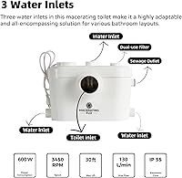 Vista 4 de Inodoro ascendente de 600W con bomba de MF, altura estándar y ahorro de espacio y sistema de inodoro triturador estable, 3 entradas de agua
