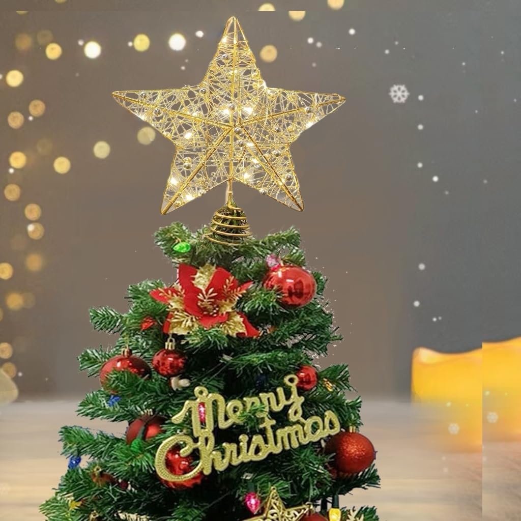 HELVAK Christmas Tree Stars With 10 Sparkling LED Lights Tree Top Decoration Battery Powered for Indoor and Outdoor Party Home Christmas Tree Decoration