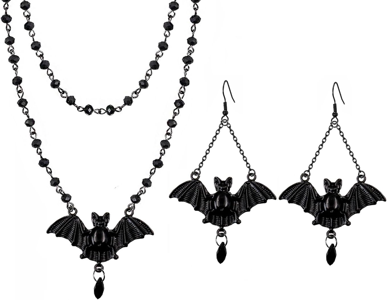 Gothic Bat Necklaces Bat Earrings Black Bat Jewelry Sets Black Crystal Chain Halloween Black Pendant Choker Halloween Jewelry Stes for Woman