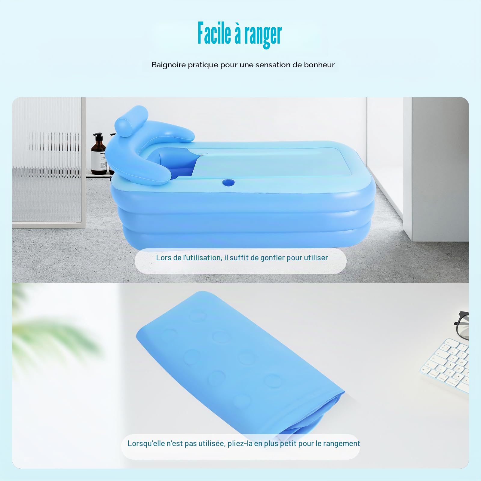 Baignoire gonflable avec oreiller gonflable, dossier ergonomique et accoudoirs, baignoire pliable pour l'extérieur, pour la maison, la terrasse et les jardins