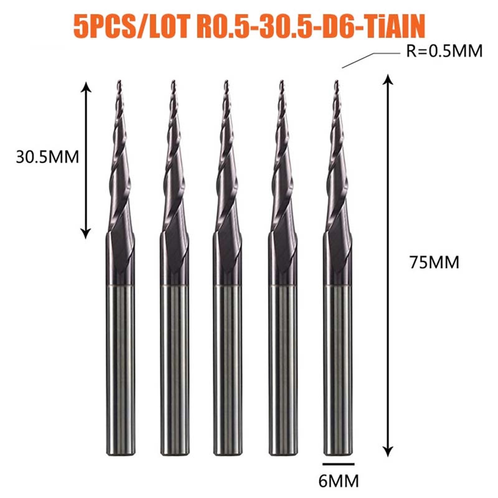 Lote de 5 fresas carburo sólido 4-6 mm, 2 flautas, punta cónica, para grabado CNC, para madera y metal(5PCS-R0.5-30.5-D6)
