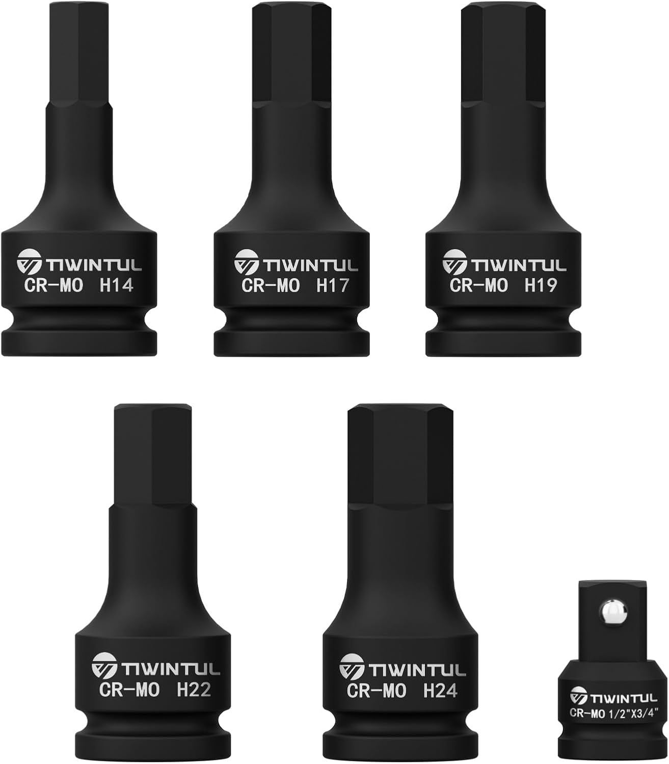 3/4 Inch Drive Impact Hex Driver Set, 6-Pieces, Metric Size 14mm, 17mm, 19mm, 22mm, 24mm, 1/2" to 3/4" Adapter, Cr-Mo, 3/4 Drive Impact Hex Bit Set for Auto Repair, Furniture Installation