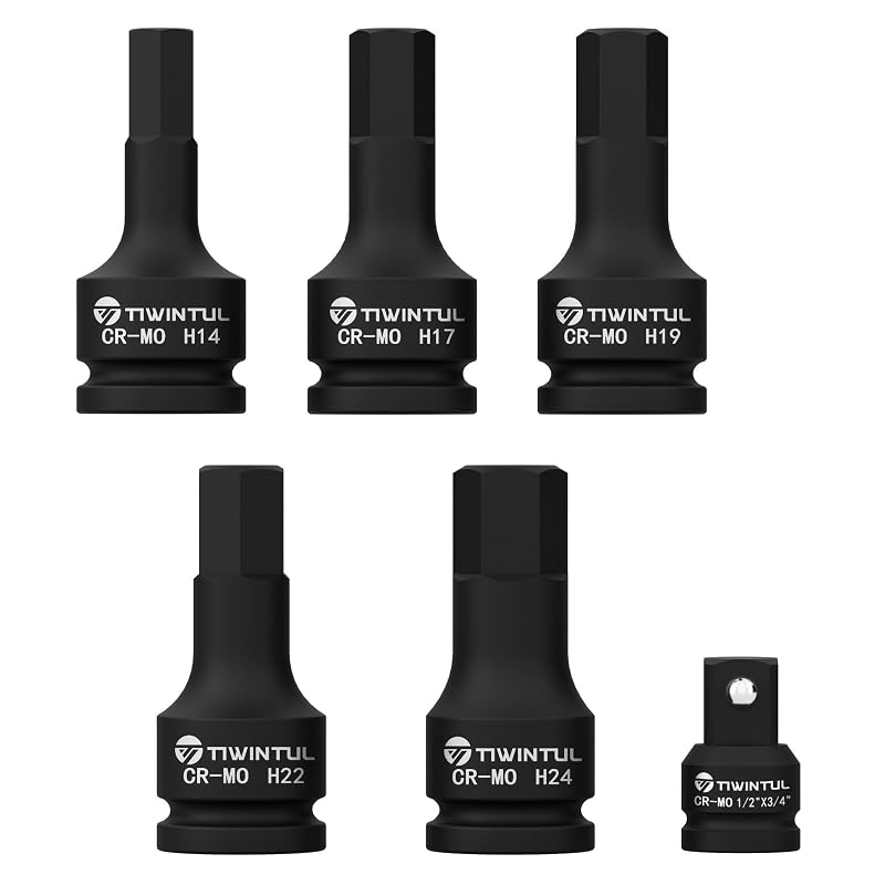 Jogo de soquetes sextavados de impacto com encaixe de 19,05 mm (3/4 pol.) TIWINTUL, medidas de 14 a 24 mm, com adaptador, 6 peças