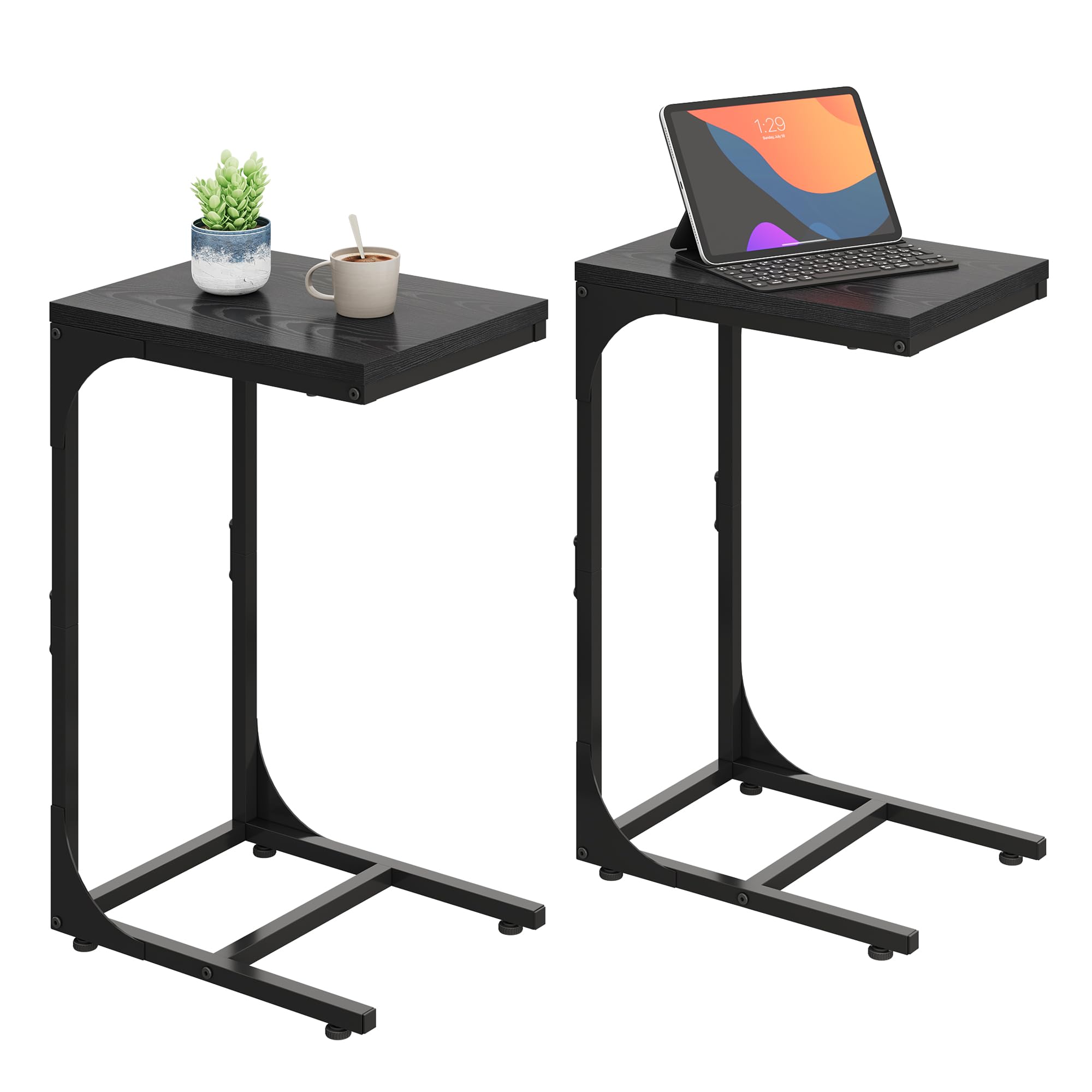 WLIVE C-Shaped End Table Set of 2, Small Couch Side Tables with Metal Frame, Sofa Table TV Tray for Living Room, Bedroom, Black