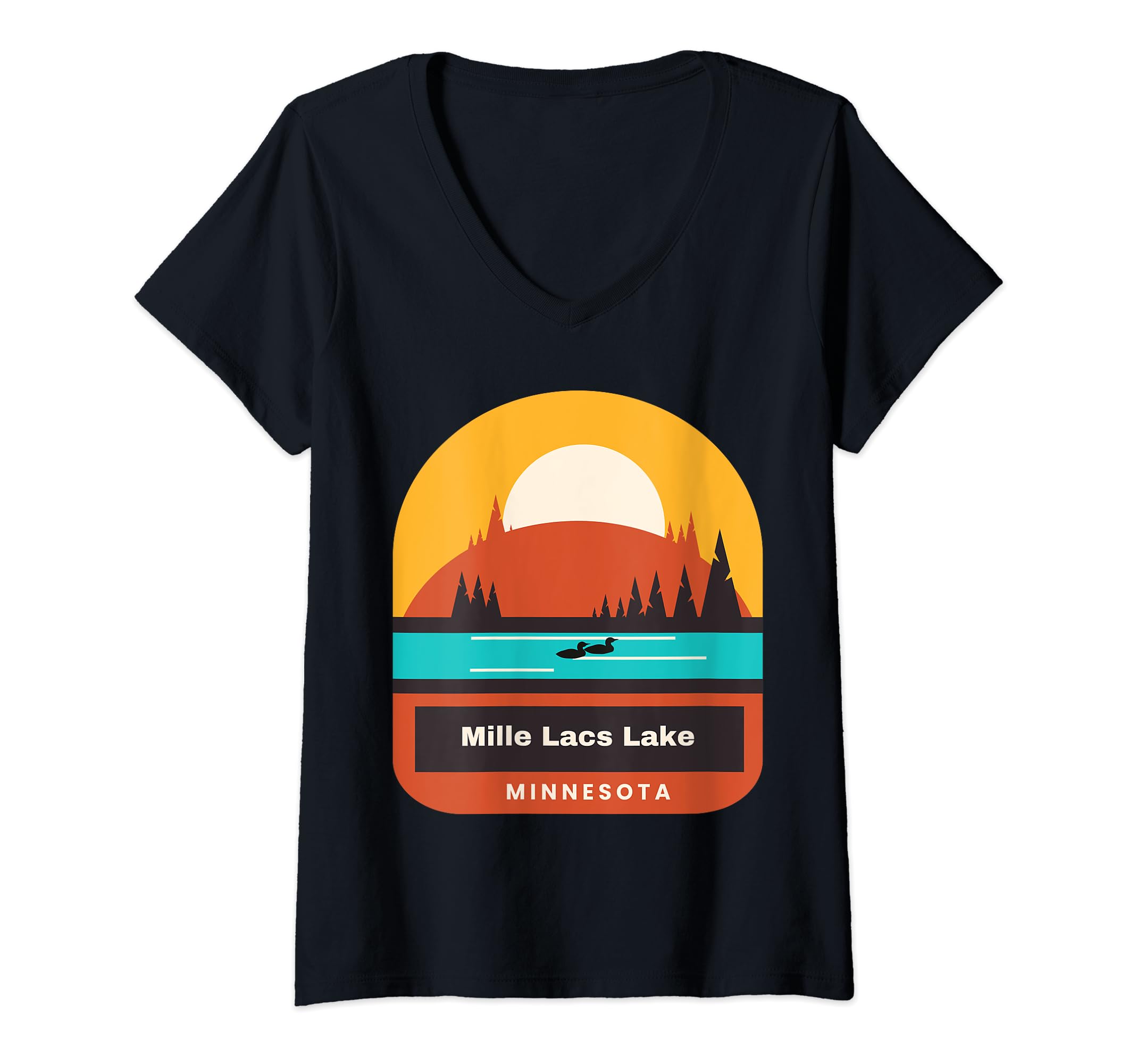 Serene Sunset on Mille Lacs Lake, MN - Majestic Loons Logo V-Neck T-Shirt