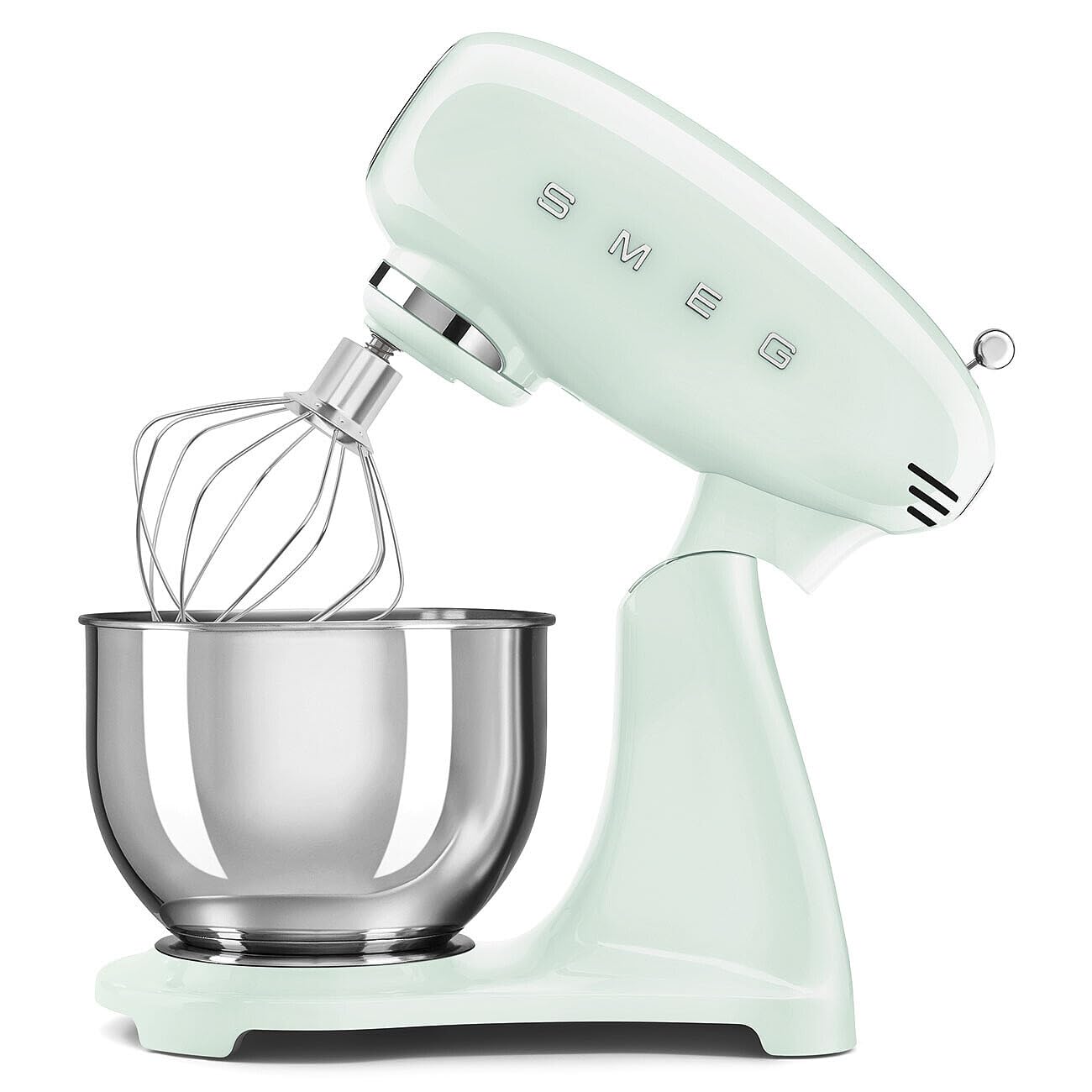 Smeg, Full Color SMF0PGREU Planetenkneter, 10 Geschwindigkeitsstufen, Smooth Start und Steady Mix Funktion, 4,8 L Schüssel, Motorblock, 3 Schneebesen und Knethaken, 800 W, pastellgrün