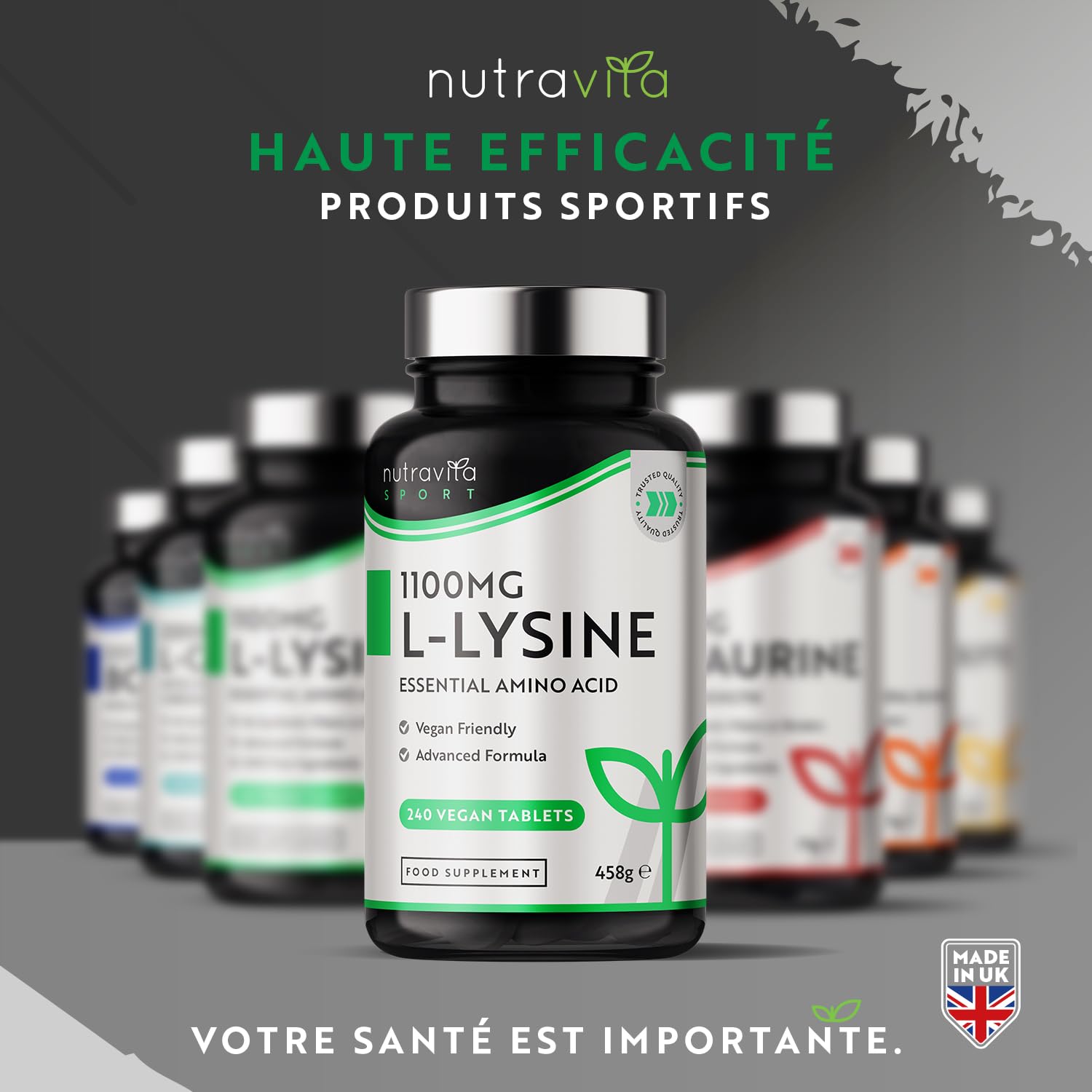 L-Lysine 1100mg Hautement Dosé - 240 Vegan comprimés - Supplément d'acides aminés essentiels L Lysine - Croissance normale et rotation musculaire - Sans Additifs - Fabriqué par Nutravita