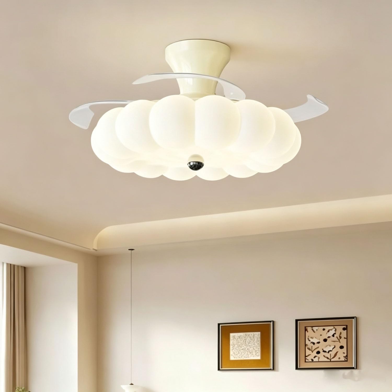 Piptyllite LED Hidden Ceiling Fan Light, Vintage Floral Design, New Chinese Style for Bedroom & Dining Room,Beige