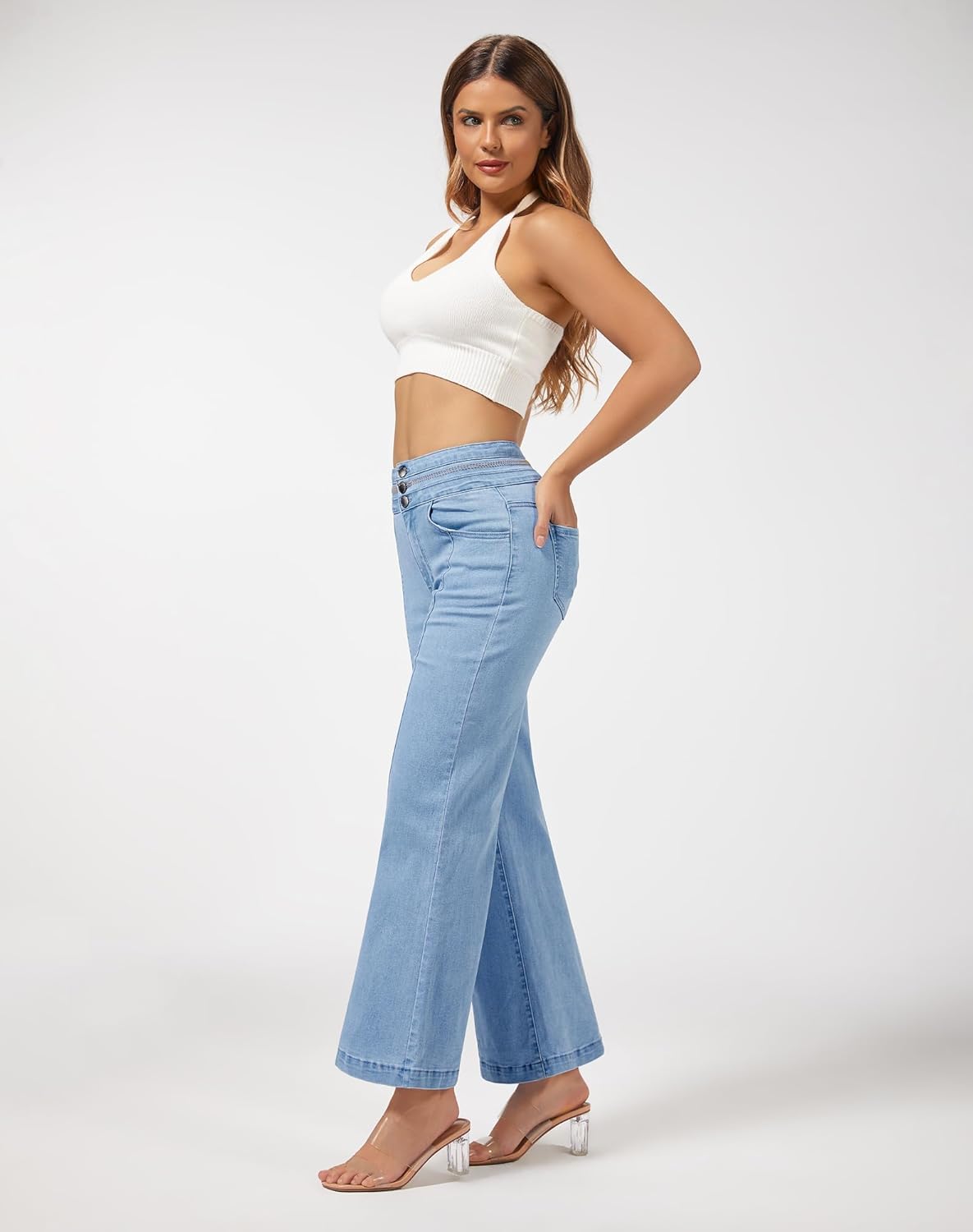 roswear Women's Wide Leg Petite Jeans High Waisted Stretchy Cropped Denim Pants - Image 3