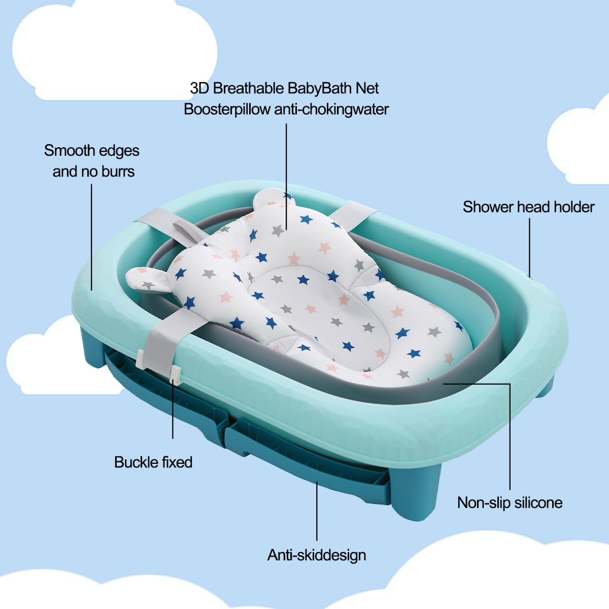 K IKIDO Bañera grande plegable para bebés de 0 a 72 meses Capazo ergonómico (324-azul)