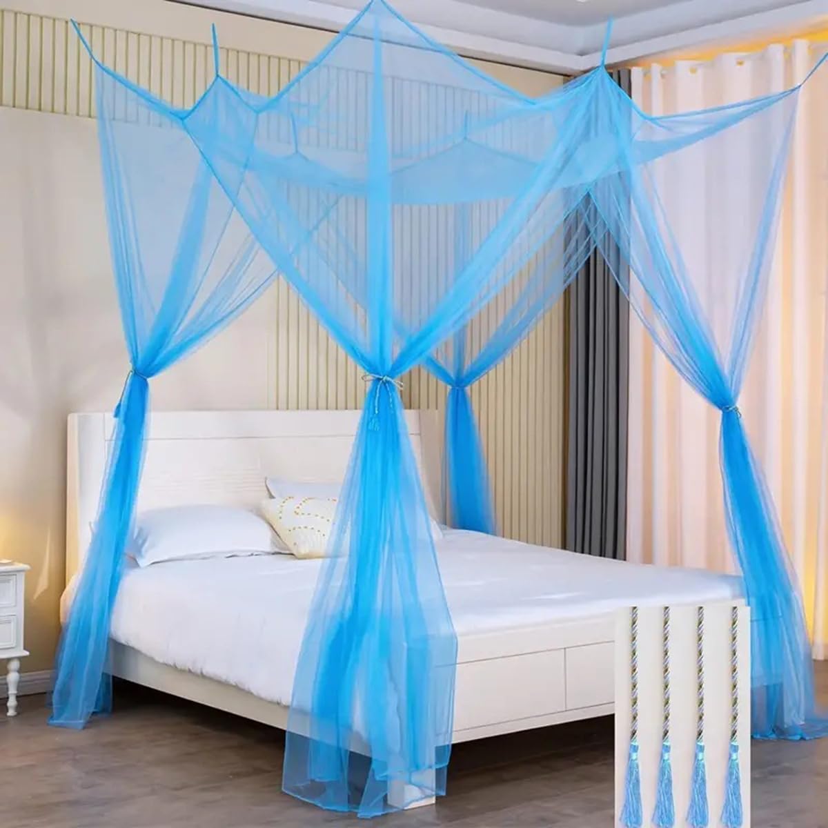 Mosquito Net 4 Corners Princess Bed Canopy Curtain Net Bed Drapes Indoor Outdoor Decoration for Full Queen King Size Bed (Sky Blue)