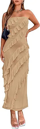BTFBM Women Summer Elegant Strapless Midi Ruched Bodycon Dress Solid Color Stretch Mesh Slim Party Cocktail Dresses