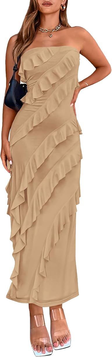 BTFBM Women Summer Elegant Strapless Midi Ruched Bodycon Dress Solid Color Stretch Mesh Slim Party Cocktail Dresses