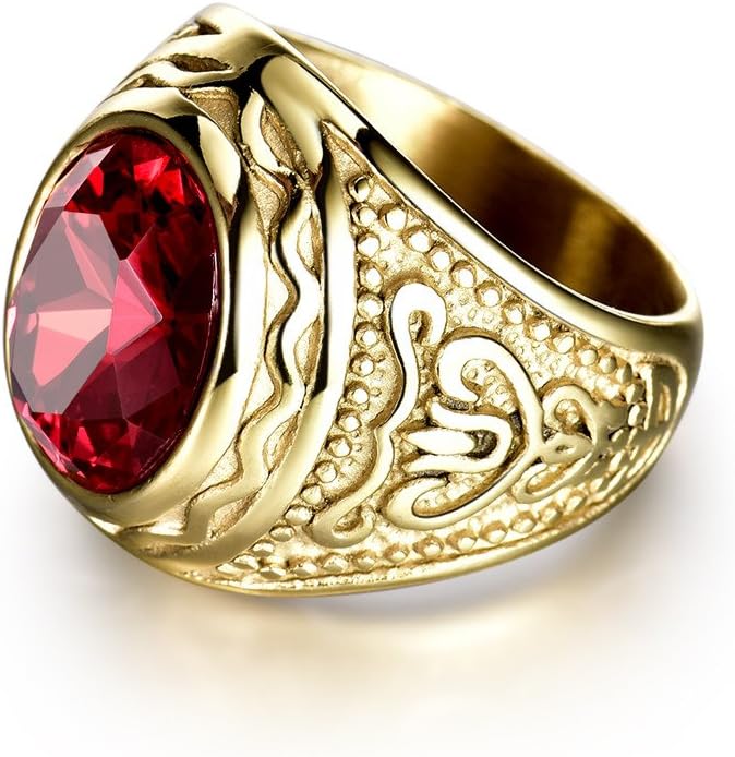 MASOP Lunxury Engraved Stainless Steel Mens Ring Red Synthetic Ruby Crystal Gold Color Wedding Band Rings - Image 2