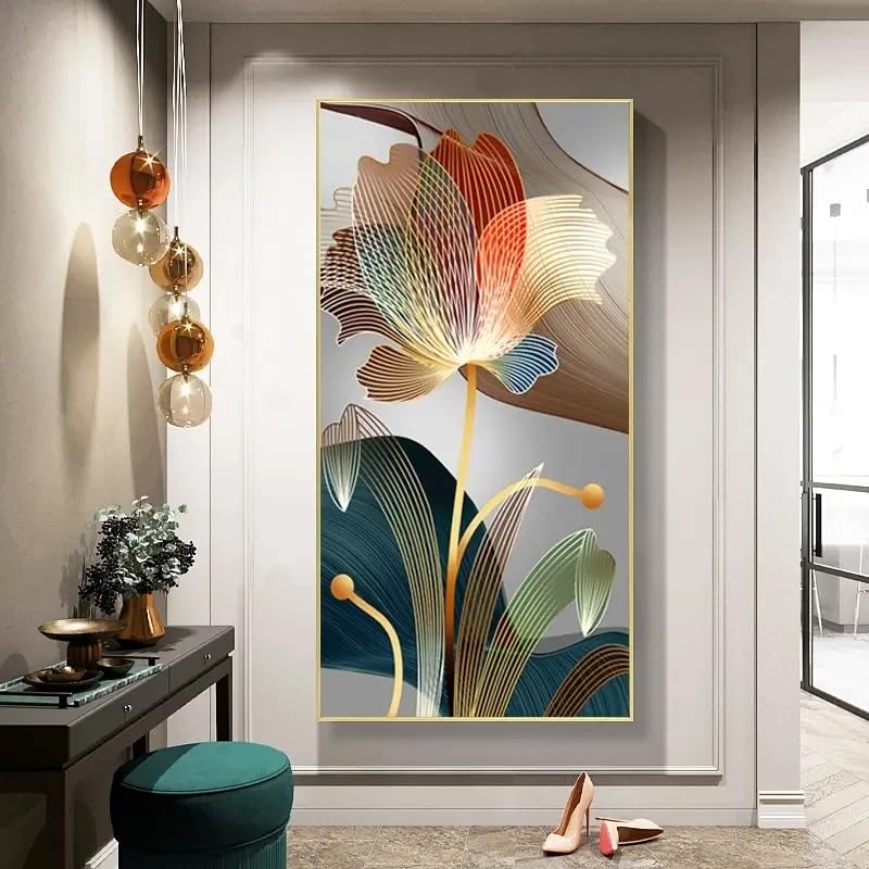Tableau abstrait floral aux lignes dorées impression luxe