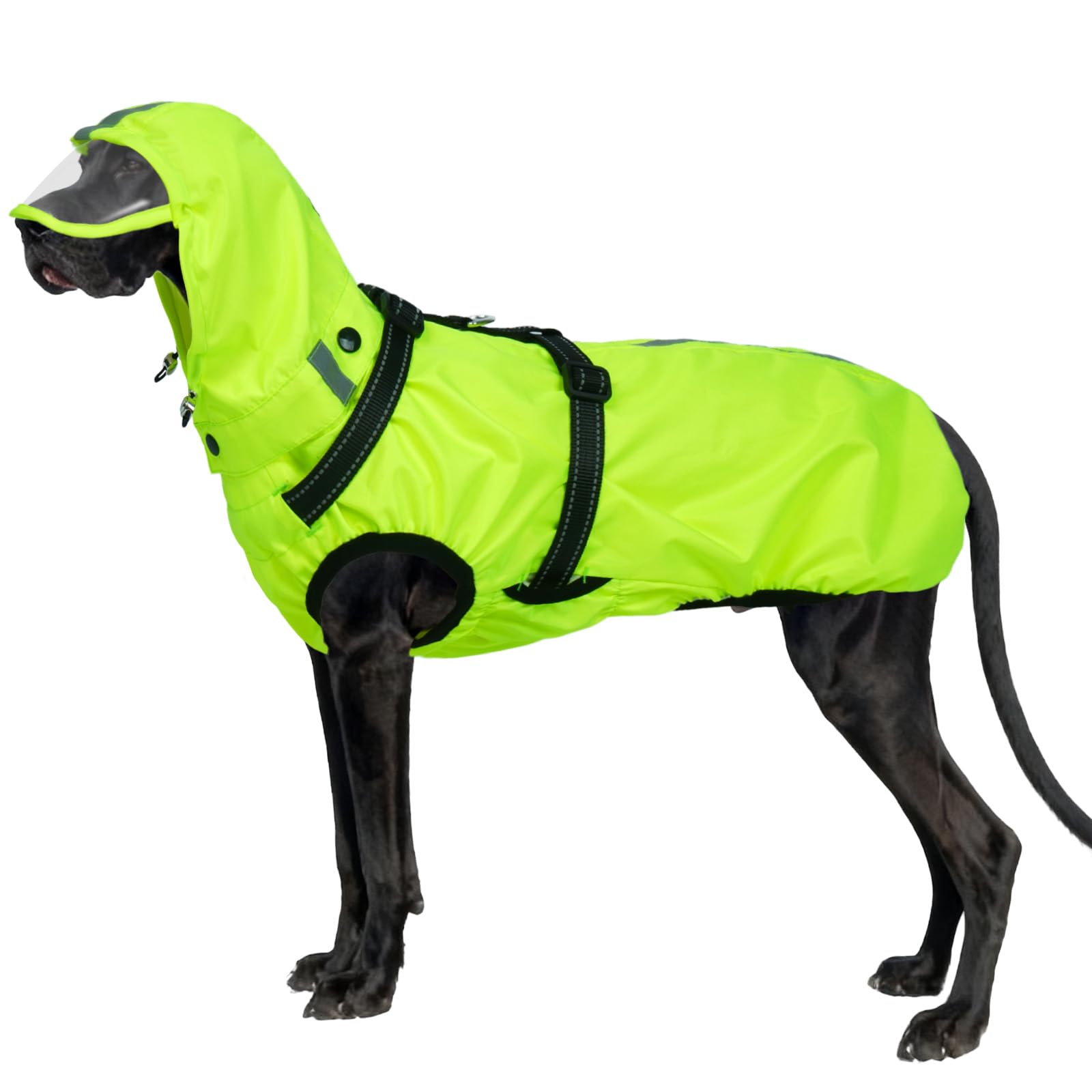 OUOBOB Dog Raincoat Waterproof, Rain Jacket with Reflective Strips, H-Harness (D-Ring) & Detachable Hood with Visor, Ideal for Medium/Large Dogs [Neon Green, Size 4XL]