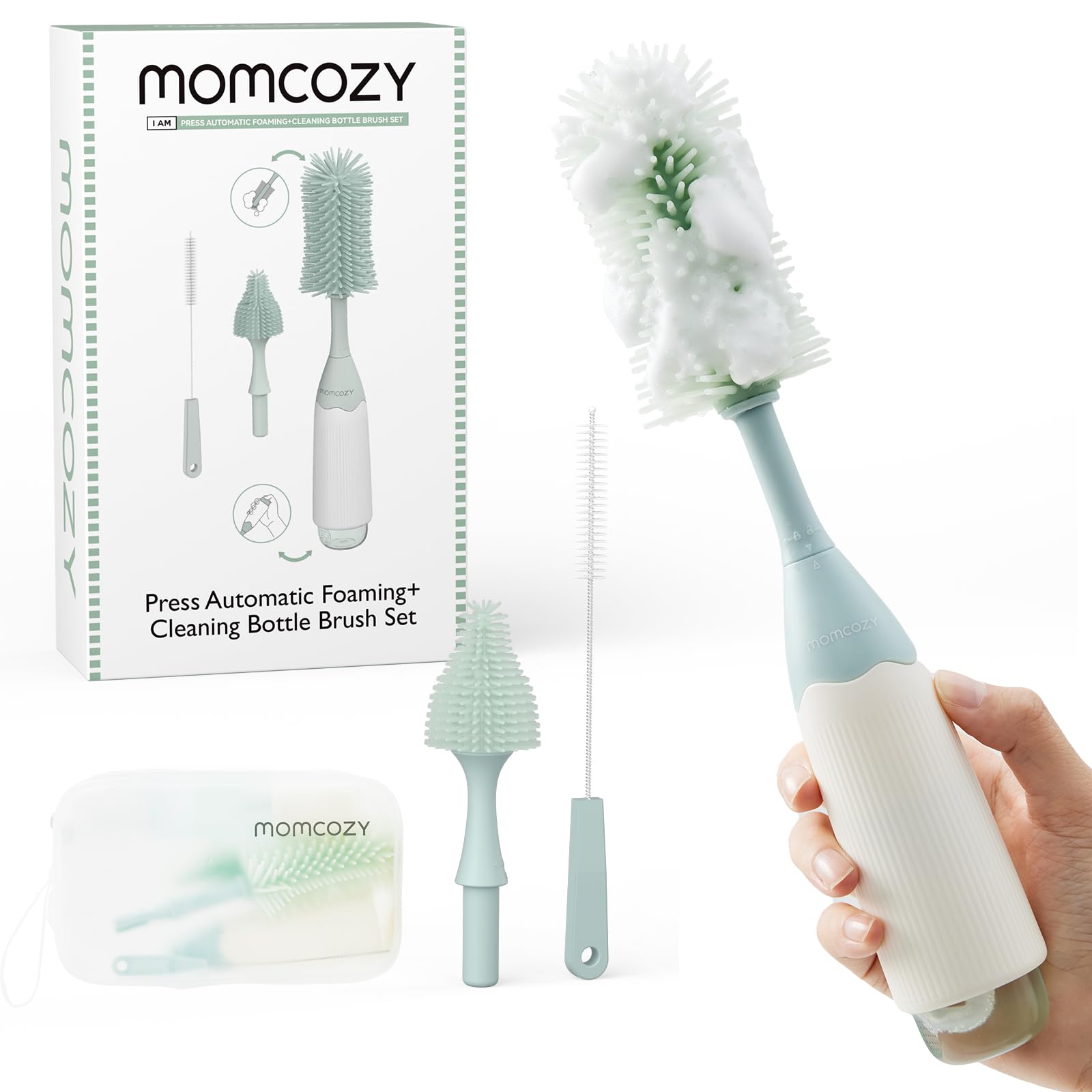 Momcozy Baby Flaschenbürste Set mit Druck-Schaumtechnologie | Silikon Flaschenbürste für Babyflaschen, Milchpumpen & Sauger | BPA-frei, 360° Reinigung & Reise-Etui
