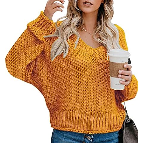 Women's Knitted Pullover Winter Oversized V-Neck Chunky Knit Casual Wrap Sweaters Loose Long Sleeve Shirt Tops Knitted (Y Yellow, XL), Y Yellow, M Cover