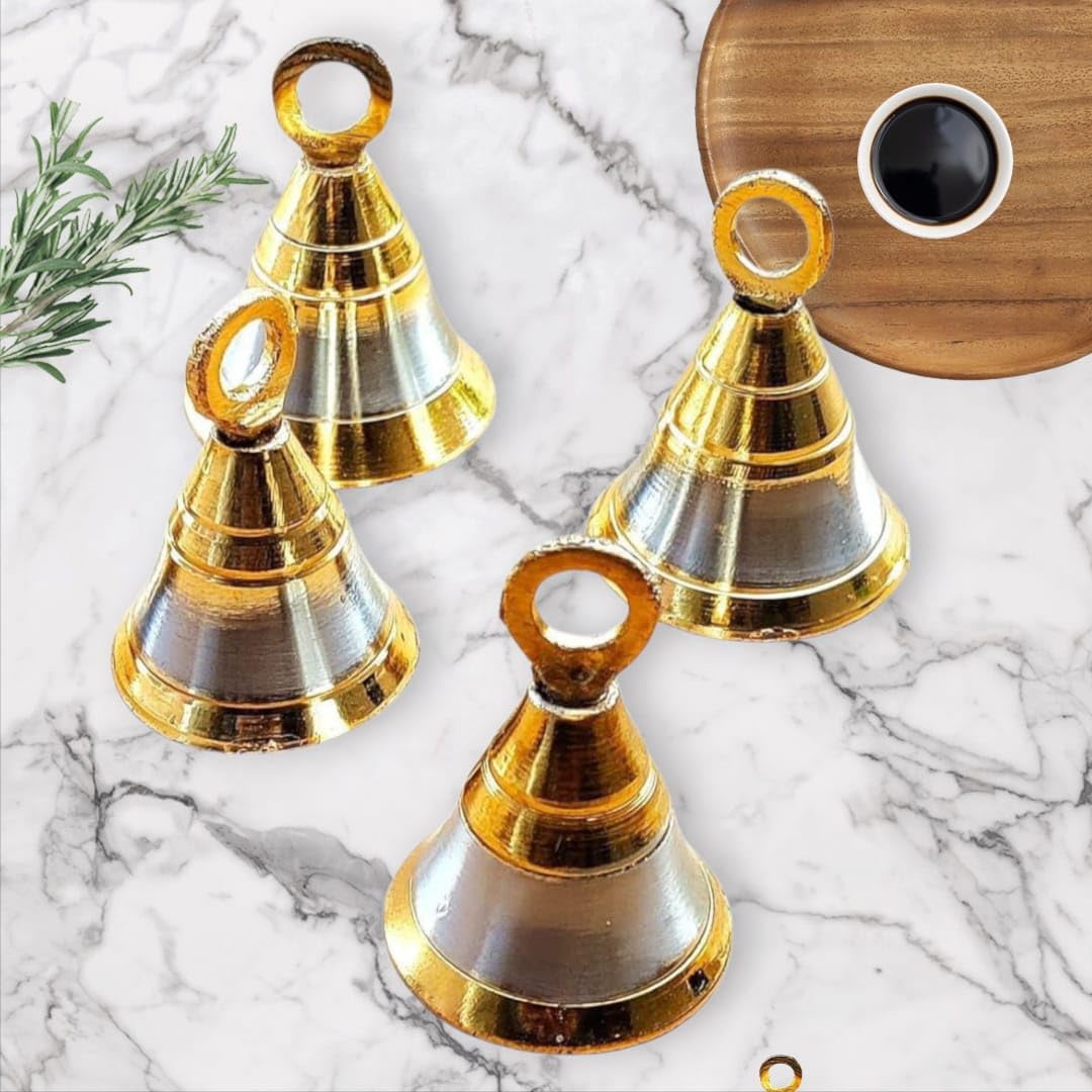 Denique Brass Hanging Pooja Bell for Festival Home/Office Temple Decoration Ghanti .H-4 C.M,Gold & Silver.Pack of (4) 1
