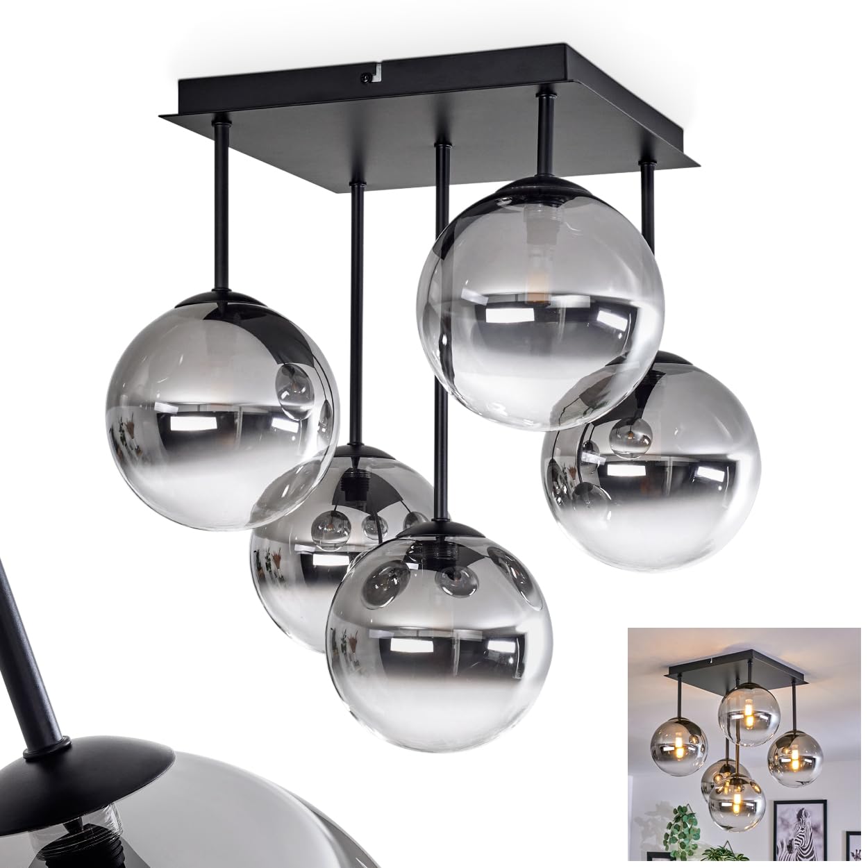 HOFSTEIN Chehalis Ceiling Light, Ceiling lamp Made of Metal/Glass in Black/Smoke Colour/Clear, luminaire in Retro/Vintage Design with Glass Shades (Ø 15 cm), 5 x G9 LED, Without Bulbs