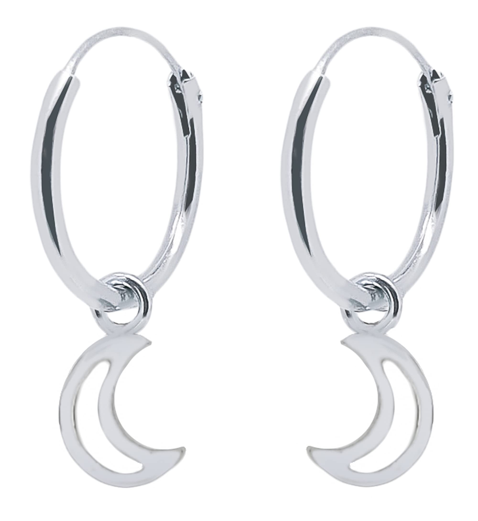 ENTREPLATA Pendientes Plata de Ley 925. Aros con Colgante forma de Luna. Pendientes Mujer Niña Hombre Niño Unisex. Par de Aretes Criollas con colgante de Luna Calada