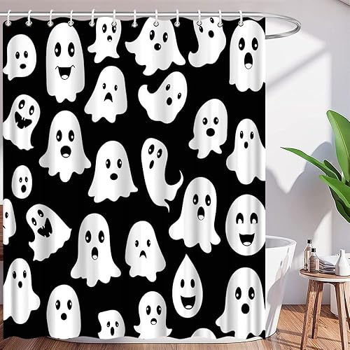 Cortina de ducha de fantasmas de Halloween, espeluznante, linda, divertida, fantasmas de dibujos animados, blanco y negro, para niños, niños, niños,