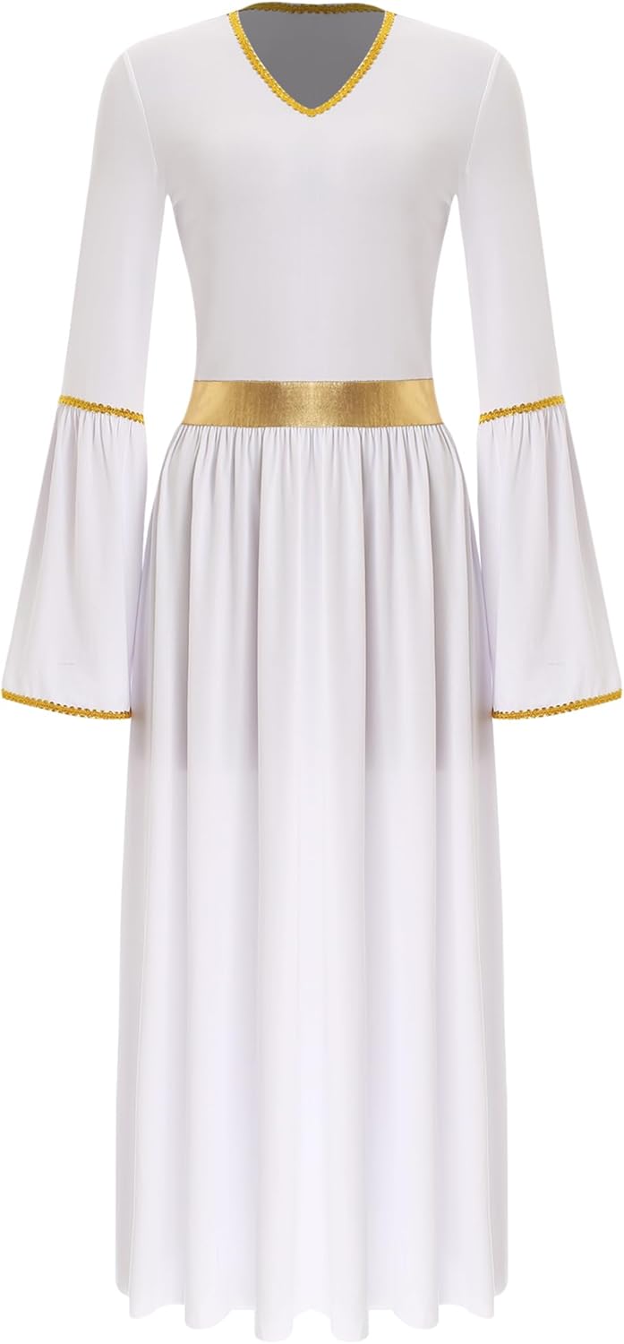 Alvivi Women's Angel Dress Costume Gold Trim Long Sleeve Tunic Dress Gown Worship Praise Dance Dresses