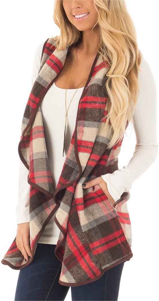 Aking Ace Women Buffalo Plaid Vest Sleeveless Cardigan Lapel Open Front Jacket Coat with Pockets