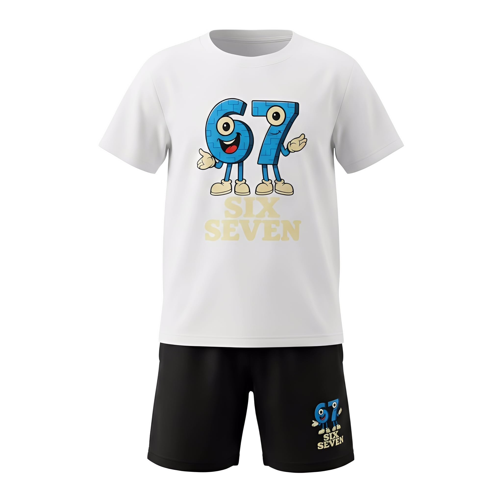 67 Kinder T-Shirt Set Jungen Mädchen – Lustiges Brainrot Six Seven Meme Outfit, T-Shirt+Shorts, Bequemes Sommer Set Kinder Kleidung