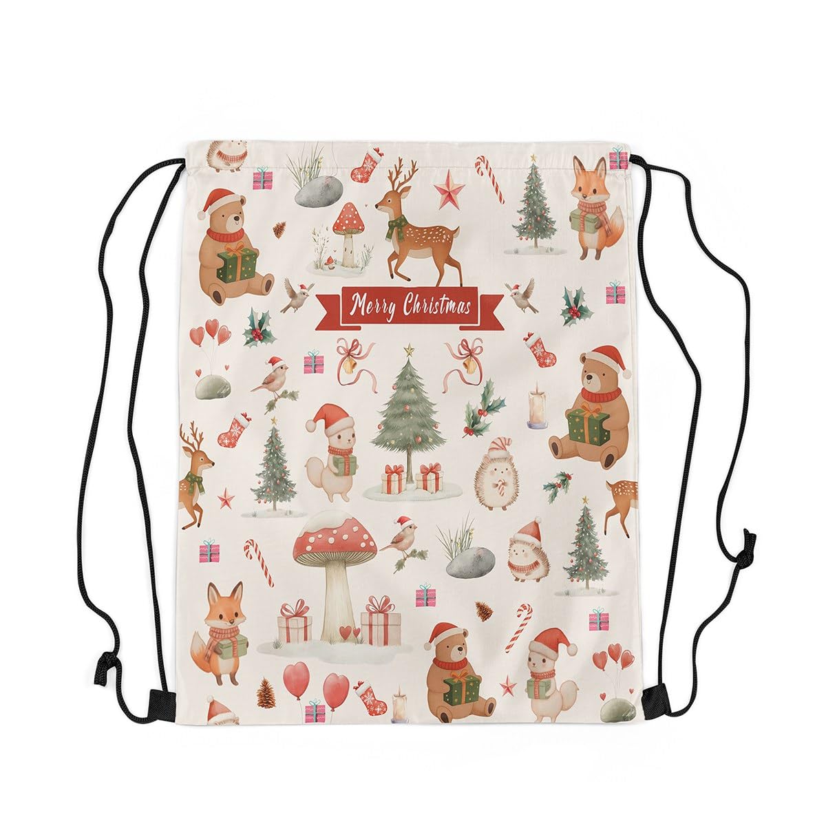Loussiesd Merry Christmas Sports Drawstring Sackpack 40x33cm Holiday Gift Drawstring Backpack Wild Animal Drawstring Bags Mushroom Waterproof Cinch Bag Xmas Deer Elk Decor