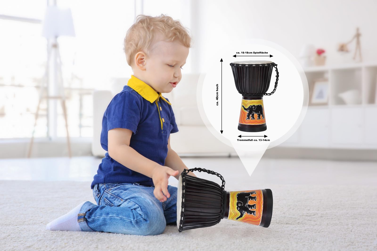Ciffre 40cm Tambor Djembe Profesional Bongo Tambor arbusto Tambor percusión Motivo Elefante Estilo África - (para niños a Partir de 6 años y Principiantes)