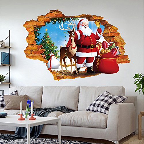 waitFOR Christmas 3D Wall Sticker Santa Claus Print Digital Wall Decal Xmas Wall Stickers Wall Decor Fridge Adhesive Home DIY Decals for Door and Window