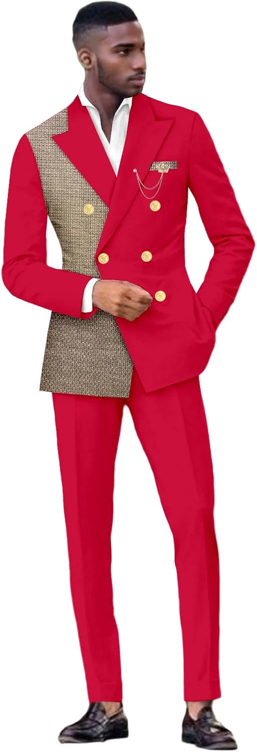 African Clothes for Men Business Suits Double Beasted Embroidery Brooch Lined Blazer and Pants Set