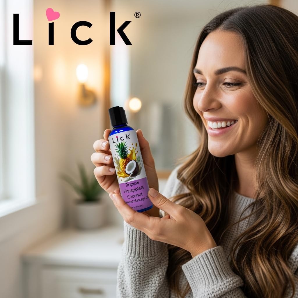 Lick Tropical Pineapple and Coconut Massage Oil with Vitamin E - Edible Body Oil for Couples Massage - Sweet Almond and Coconut Oil Blend - Smooth Long-Lasting Glide for Men and Women - 4 oz