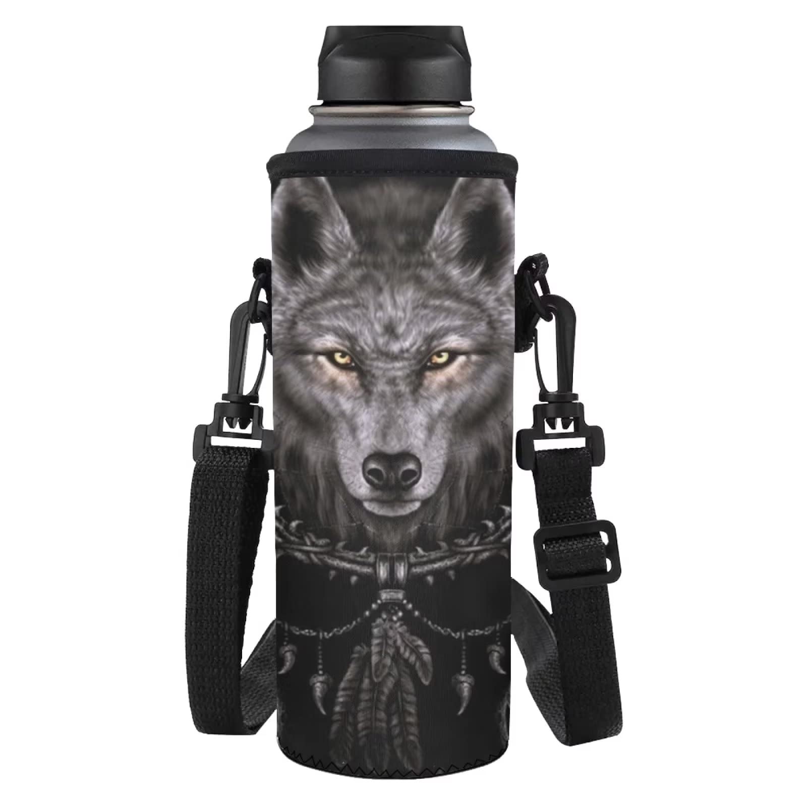 NETILGEN Water Bottles Carrier Bag Case 34oz/1000ML with Adjustable Strap Fit Stainless Steel/Glass/Plastic Bottles, Crossbody Water Bottle Pouch for Camping Walking Sports, Black Wolf — image 1