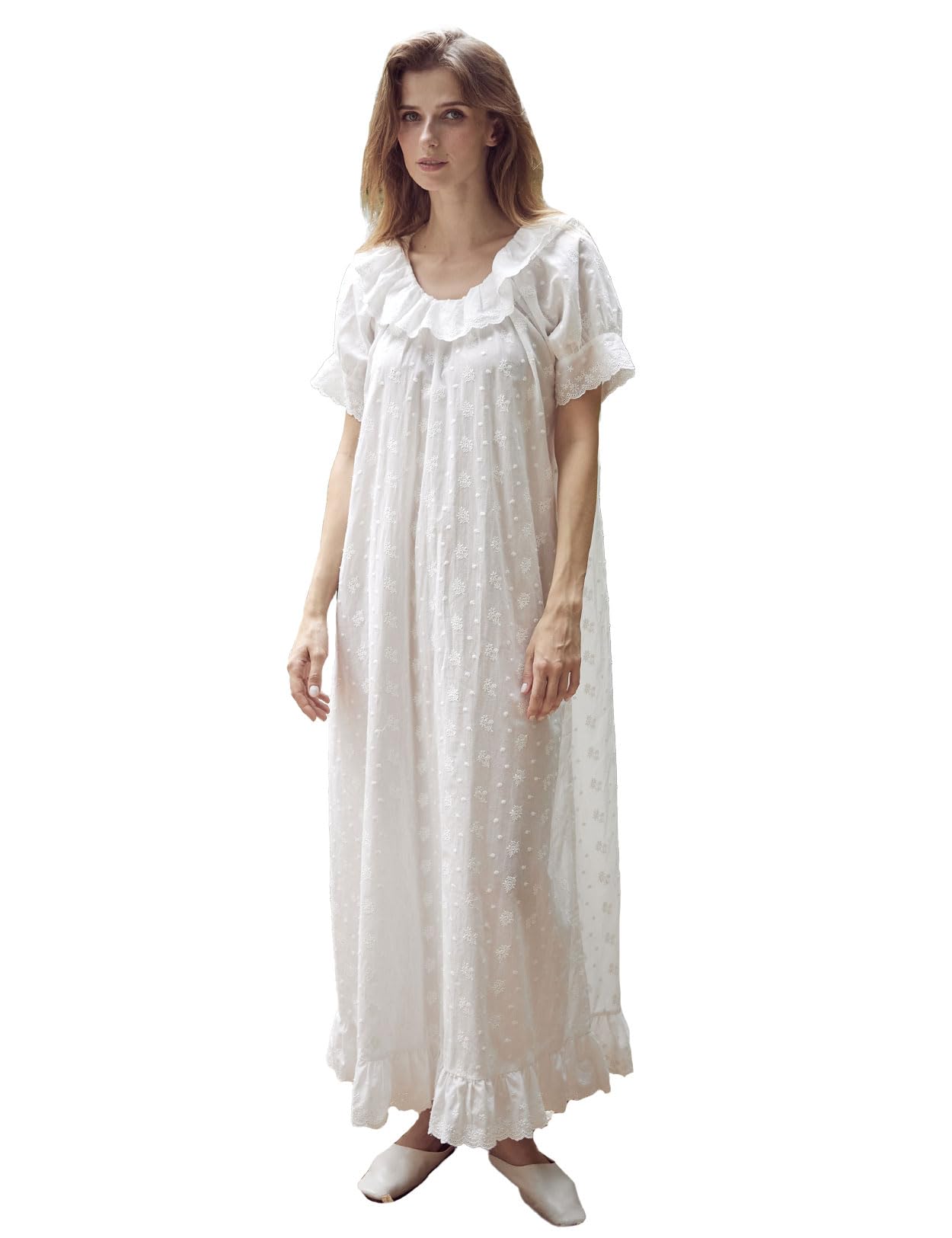BEAUTELICATE Damen Nachthemd Kurzarm Vintage Leichter Baumwolle Schlafkleid Lange Elastischer Halsausschnitt mit Rüschen Ganzkörper-Stickerei Sommer Viktorianisch Nachtkleid Negligé Weiß