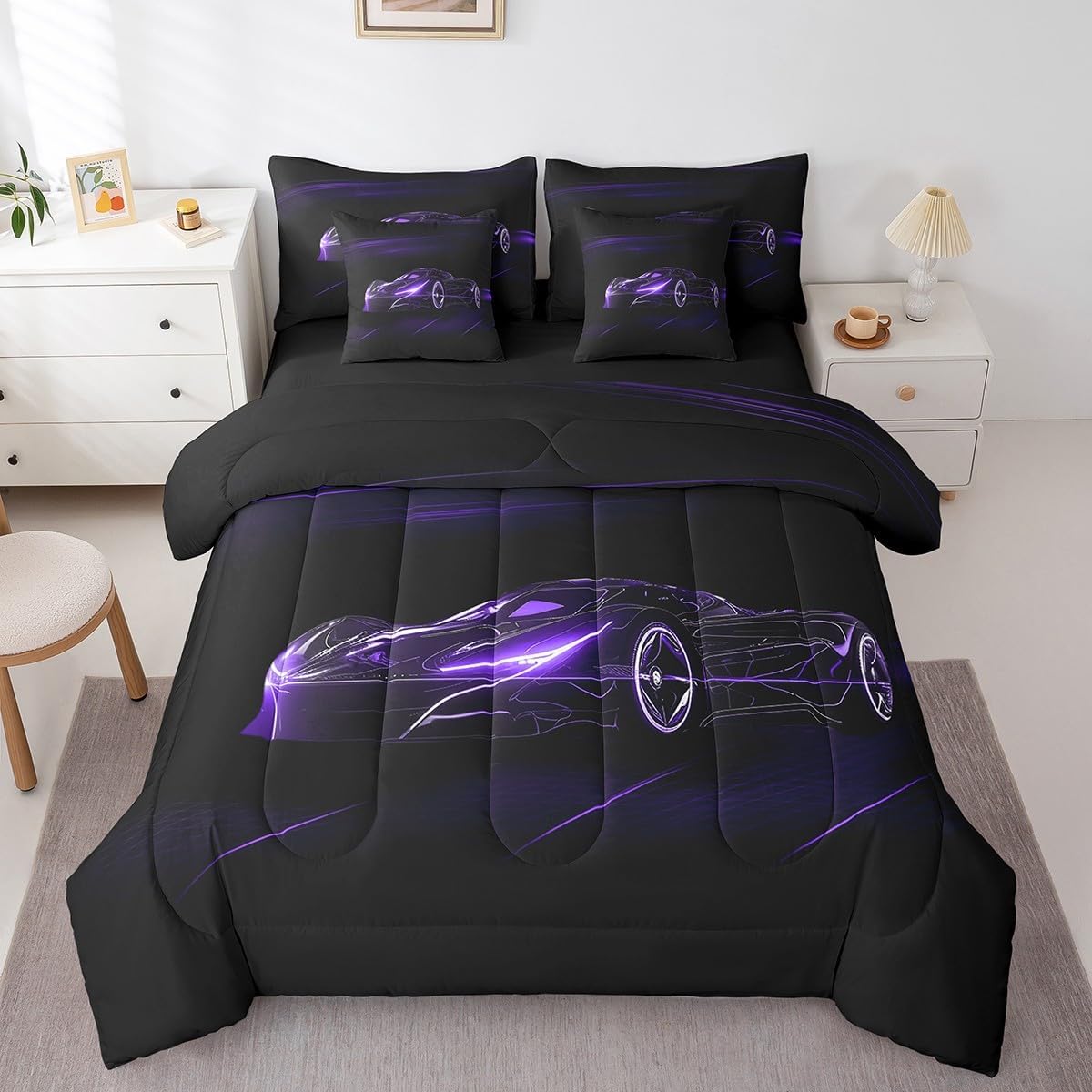 Feelyou Dull Purple Race Car 7 Piece Bedding Set Twin Size for Kids Boys Extreme Sport Games Comforter Set with Sheets Teens Toddler Fast and Furious Bed in a Bag Cool Modern Bed Set