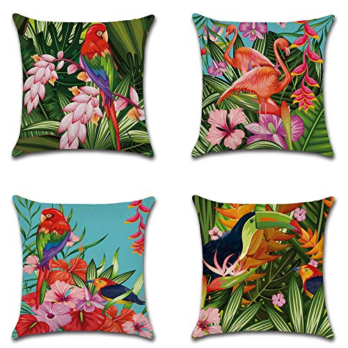 BAOKU Flamingos Cushion Covers18x18 Inches Tropical Leaves Flowers Birds Decorative Pillowcases Pattern Cushion Cases for Sofa Couch Bed Living Room