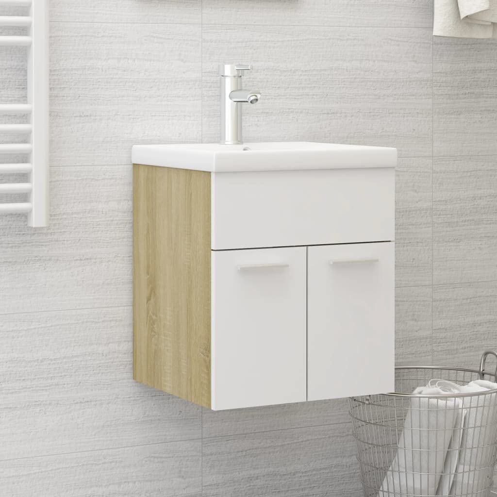 Armario de lavabo blanco y roble para baño, mueble compacto de madera de ingeniería de 41 cm