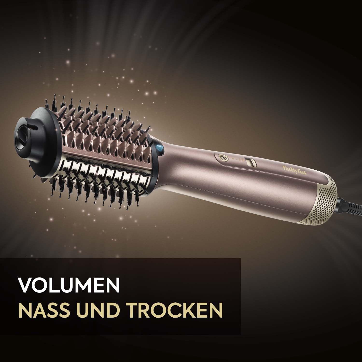 BaByliss Air Power Volume - 2-in-1 Warmluftbürste und Heizbürste, NASS- und TROCKEN-Modus, Glättende Warmluftbürste mit 3 Temperatureinstellungen, Ionen-Technologie, Keramikbeschichtung, Gold, AS95E