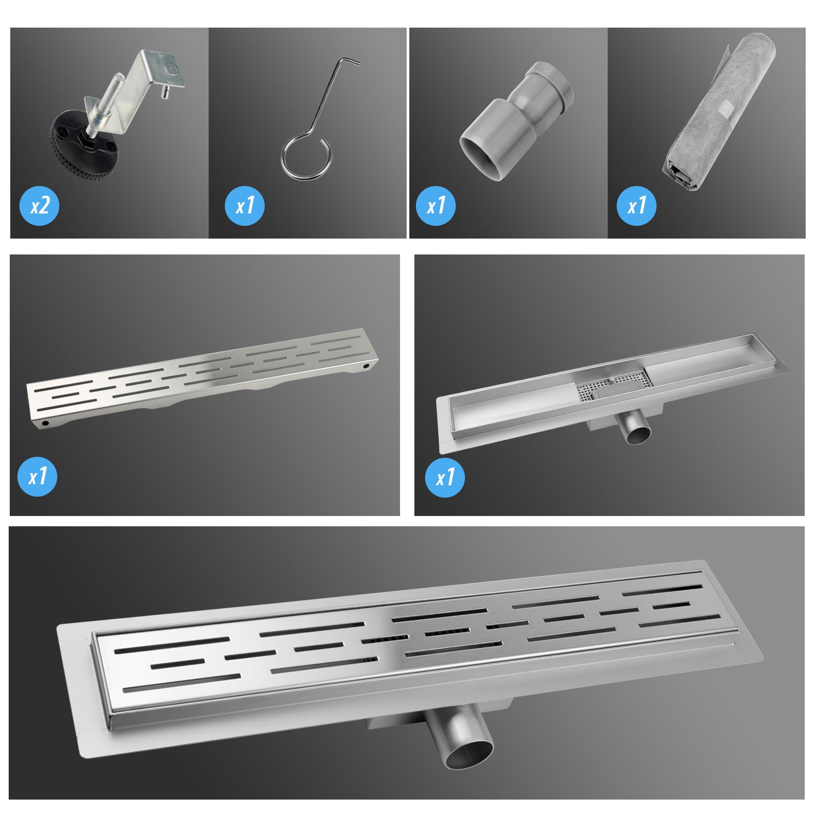 Caniveau Douche Italienne 80cm Acier INOX, Extra Plat, Anti-Odeurs | Siphon avec clapet anti-odeurs et filtre à cheveux amovible Panneau de Ligne Caniveau Douche Extra Plate Drainage Rapide