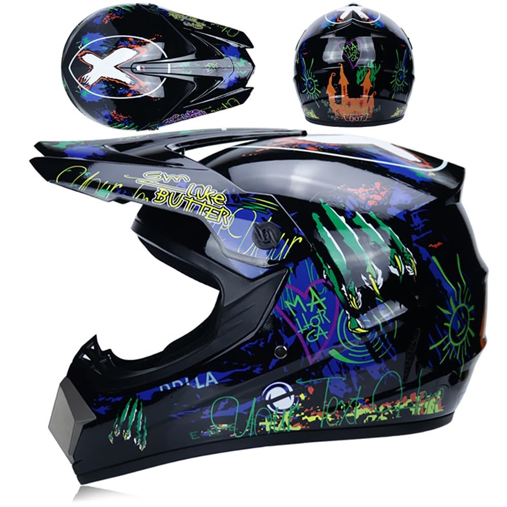 Jeunesse Enfants Casque Motocross, avec Lunettes Gants Masque, Adulte Unisexe Visage intégral MTB Moto Casque VTT Scooter Croix Casque, Descente Enduro MX Quad Vélo de Saleté Accident Casque