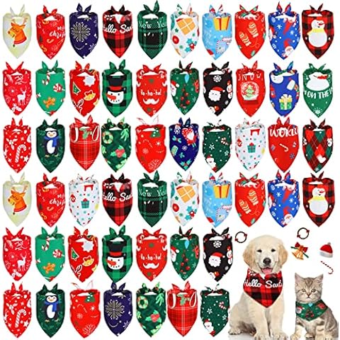 60 Pcs Holiday Dog Bandanas Valentine's Day Easter Dog Bandanas Bulk Adjustable Dog Bibs Triangle Dog Scarf Holiday Pet Costume for Small Medium Pet Dog (Santa Pattern) Cover