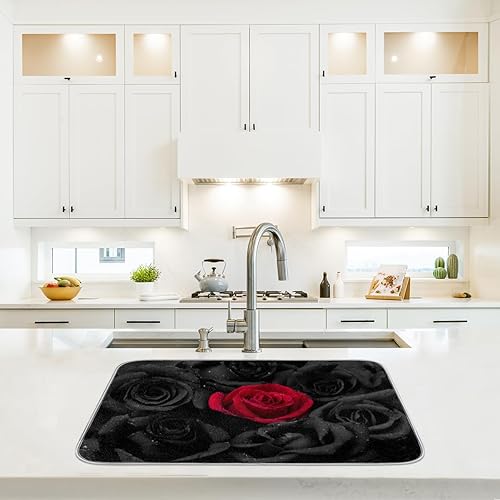 Miniatura 6 de Tapete de secado de platos con rosas y flores negras y rojas para encimera de cocina, almohadilla absorbente reversible de microfibra reutilizable,